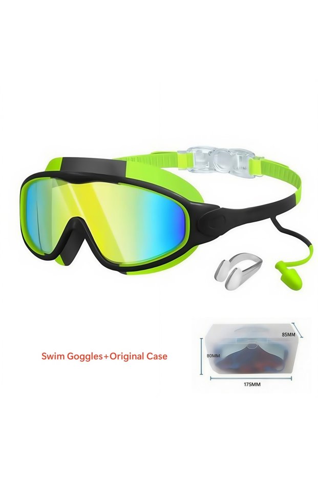 As the picture Green Golden Case New Kids Large Frame Swim Goggles With Nose Clips and Earplugs Clea