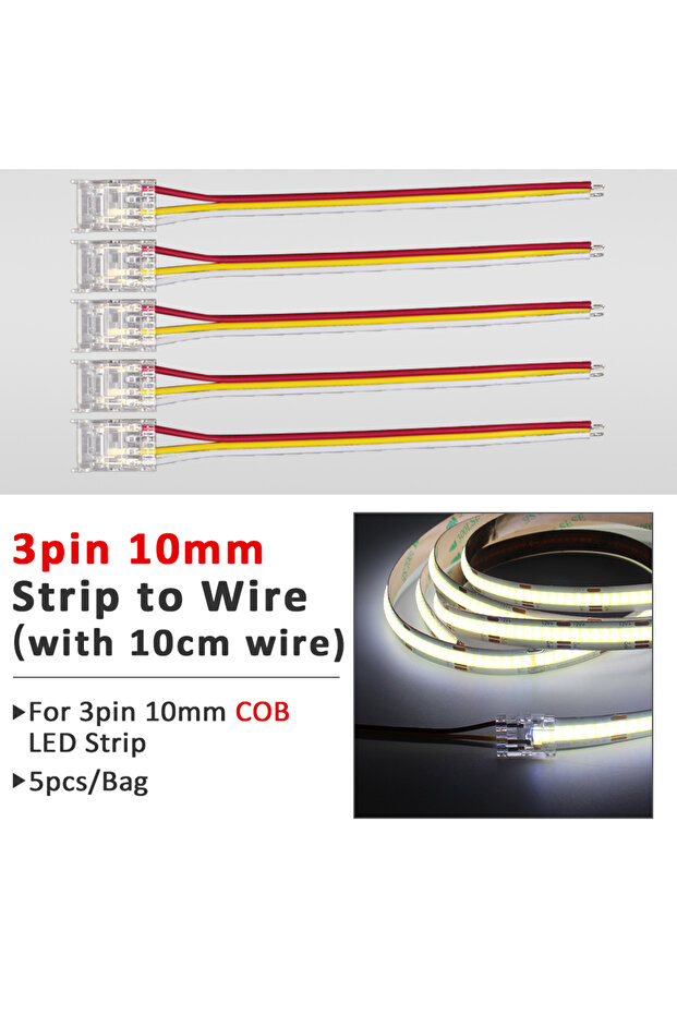 3pin-10mm-10CM-COB 5PCS LED Strip Connector COB SMD 2Pin 3Pin 4Pin 5mm 8mm 10mm L-Shape Strip to Str