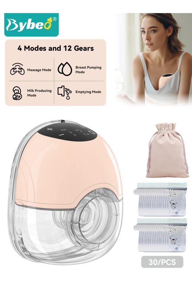 Wearable Breast Pump, Electric Breast Pump, Portable Hands-Free Breast Pump, Milk Collector with 30-Piece Breast Milk Bags & Storage Bag, 4 Modes & 12 Levels, Leak-Proof and Ultra-Quiet