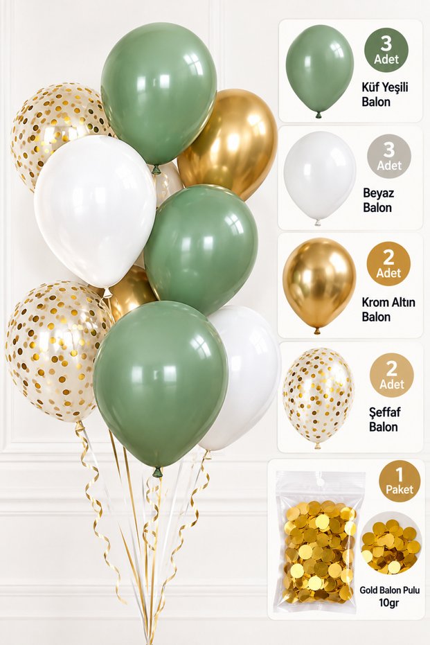 Bundle of 10 Mold Green Balloons Chrome Gold 3 Mold Green + 3 White + 2 Chrome Gold + 2 Transparent Balloons