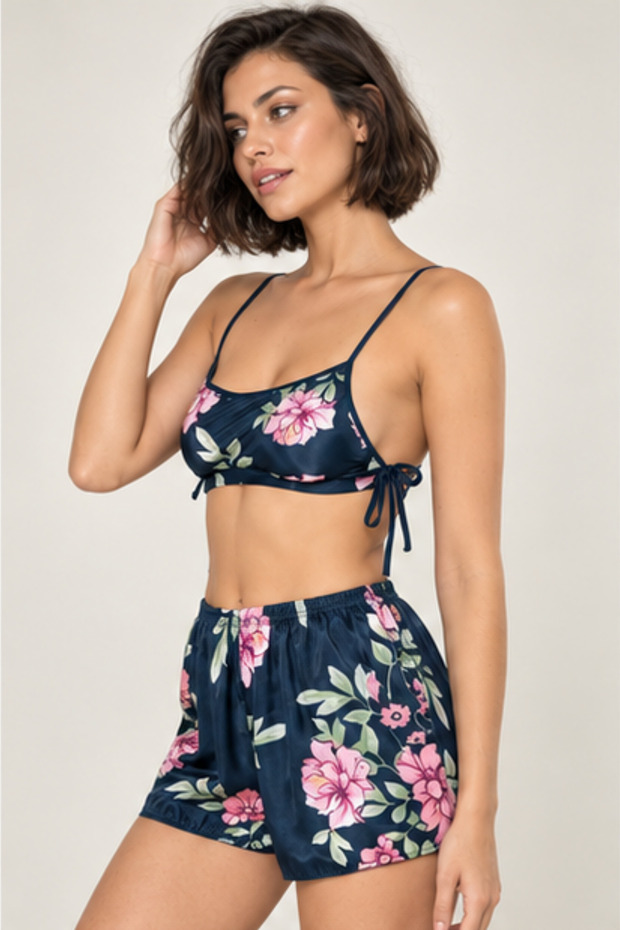 Women's Floral Patterned Satin Shorts Pajama Set - Strap Bralet Model Stylish Home Wear Set