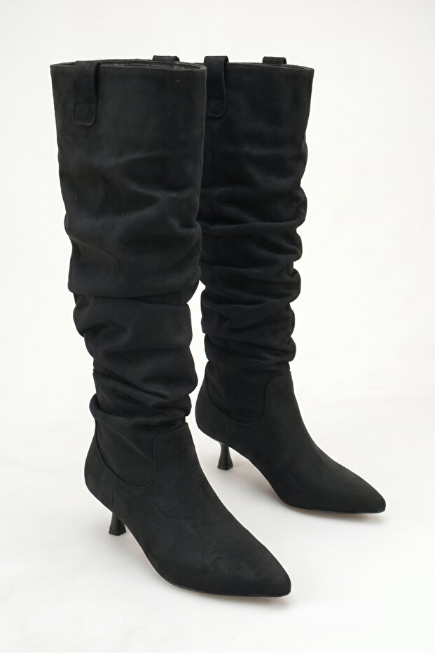 Women's Black Suede Pointed Toe Thin Heeled Bellows Zipperless Below-Knee Boots - Gathered for Comfort and Easy Wear