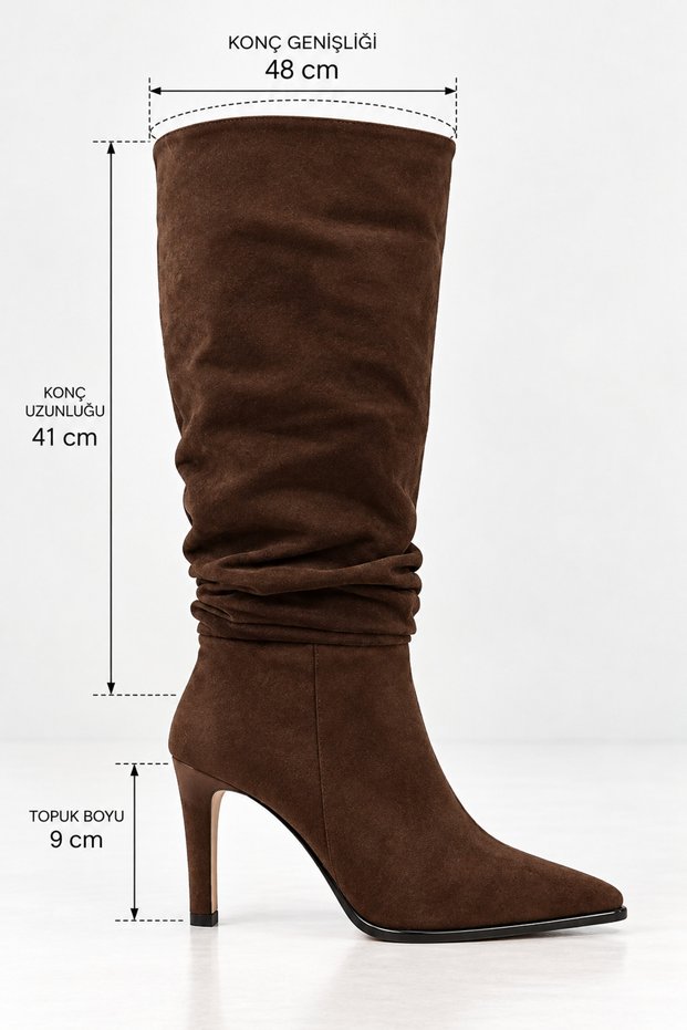 Women's Brown Below the Knee Suede Pointed Toe 9 cm Thin Heeled Gathered Stylish Boots