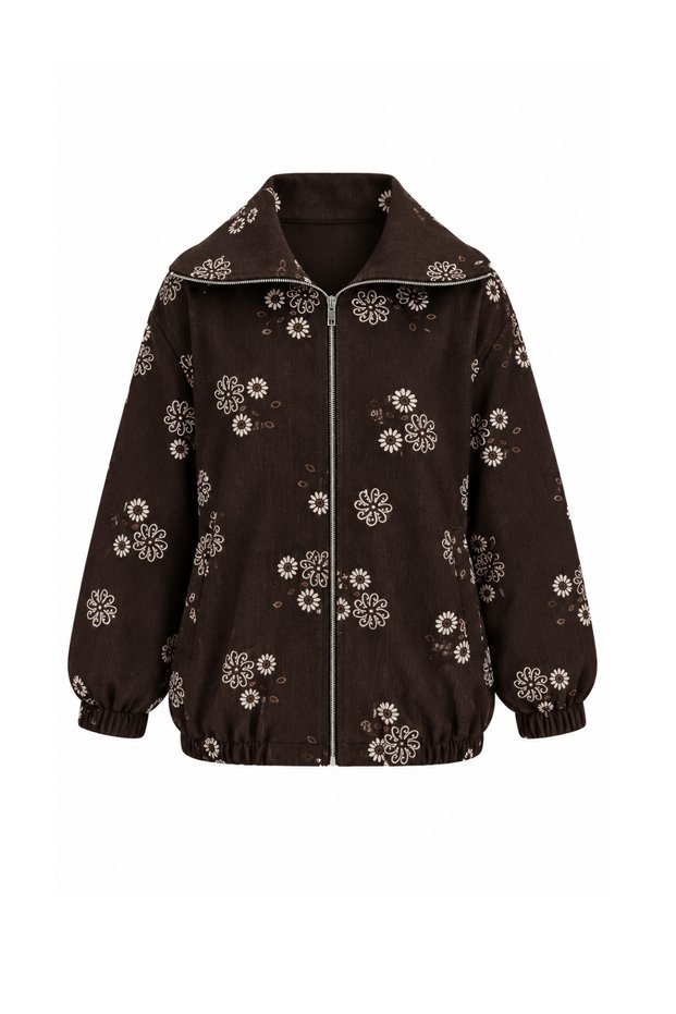 Women's Floral Patterned Zippered Oversize Jean Bomber Jacket 3247 Brown - Premium Series