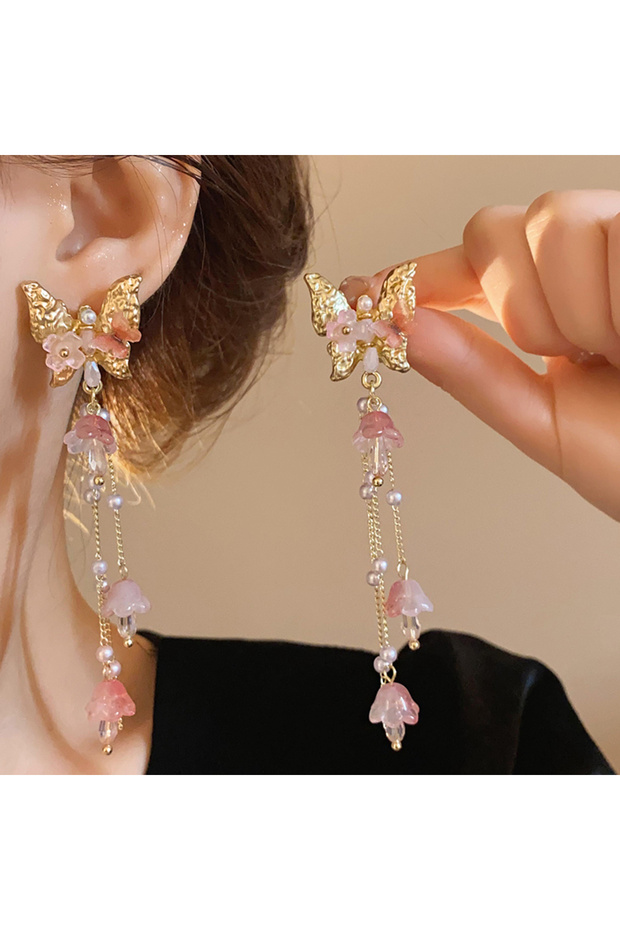 Pink color Black Hollow Butterfly Dangle Earrings With Long Tassel Women Elegant Imitation Pearl Dro