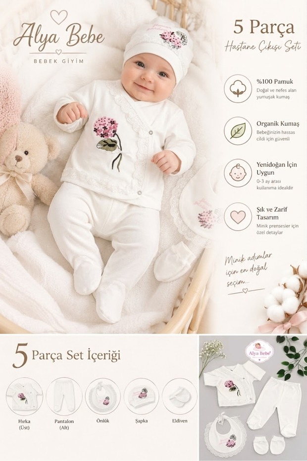 Rose Detailed Ortanca 5 Piece Hospital Discharge Set