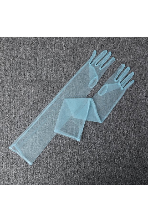 One Size Blue Fashion Long Sheer Tulle Gloves Ultra Thin Stretchy Full Finger Mittens Mesh Elbow Wed