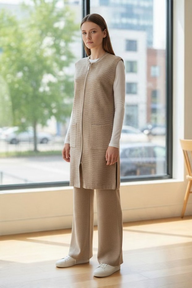 Long Line/Wave Pattern Vest with Pockets and Zipper Large Size Vest