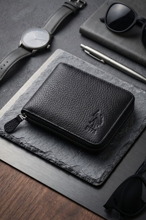 US POLO ASSN23748 ZIPPERED GENUINE LEATHER WALLET CARD HOLDER BLACK