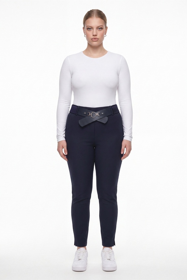 Women's Navy Blue Seasonal High-Waisted Belted Trousers with Slit Legs and Stone Detail