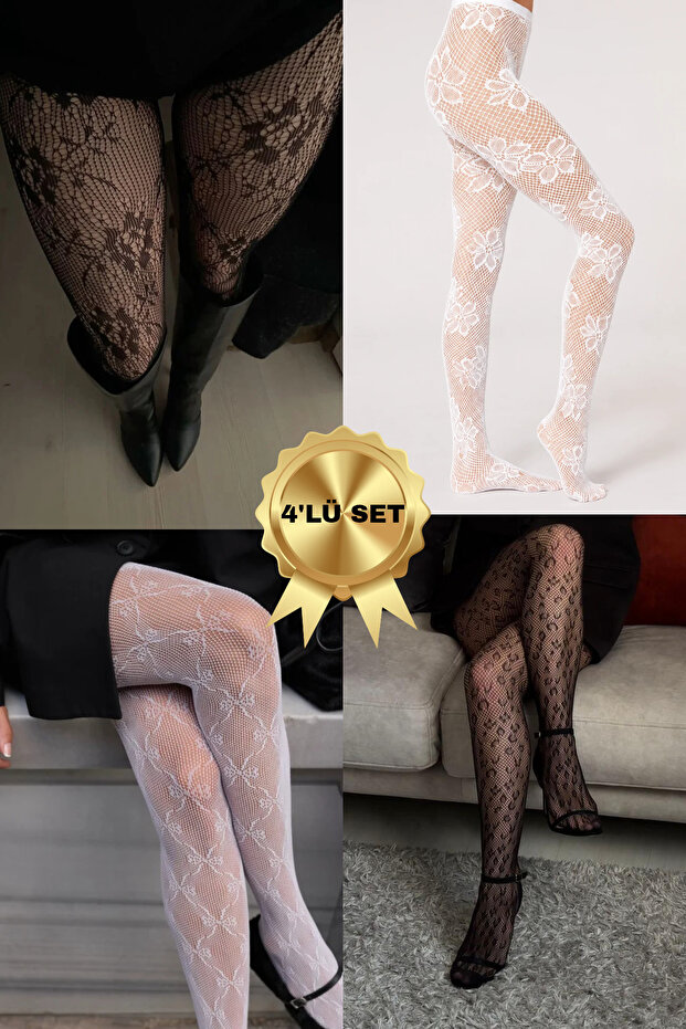 Set of 4 Black, White, Leopard, and Lace Patterned Fishnet Women's Pantyhose – Stylish and for Daily Use