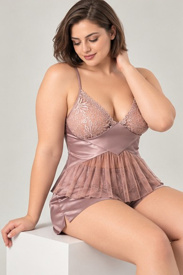 Women's Mink Plus Size Lace-Up Chest Flounce Stylish Satin Shorts Set