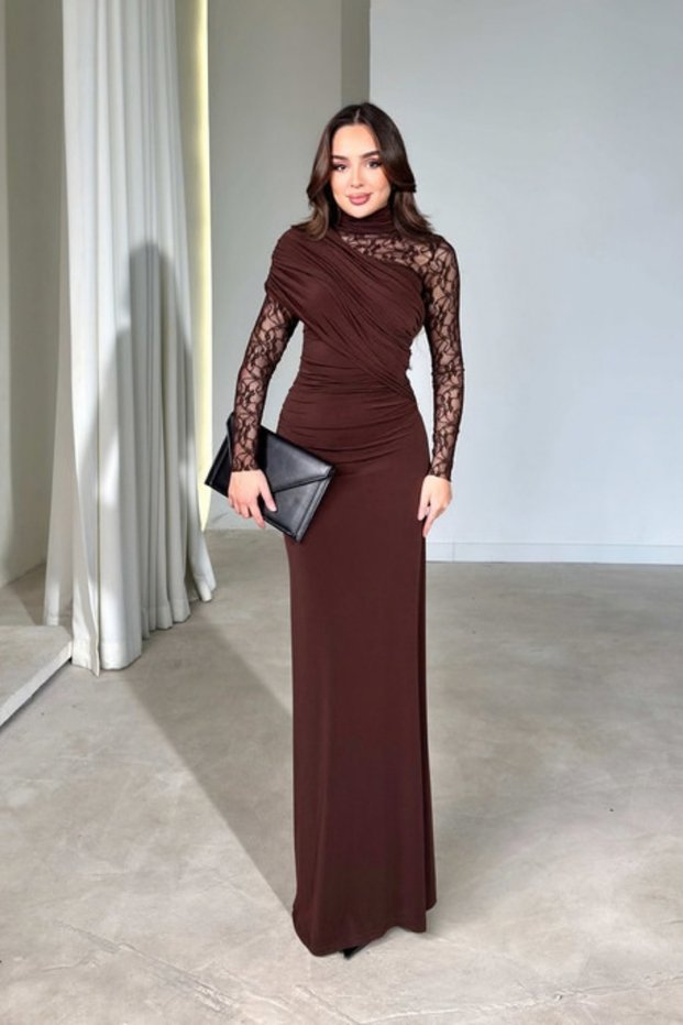 Women's Brown Lace Detailed Draped Long Sleeve Turtleneck Maxi Dress