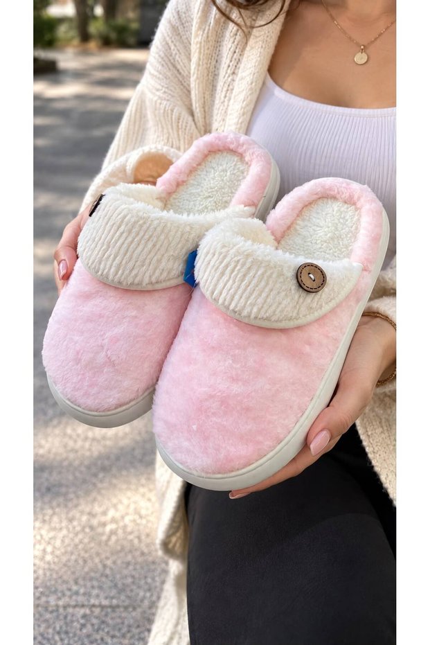 Women's Pink Comfortable Lightweight Button Detailed High Eva Sole Plush House Slippers New Season
