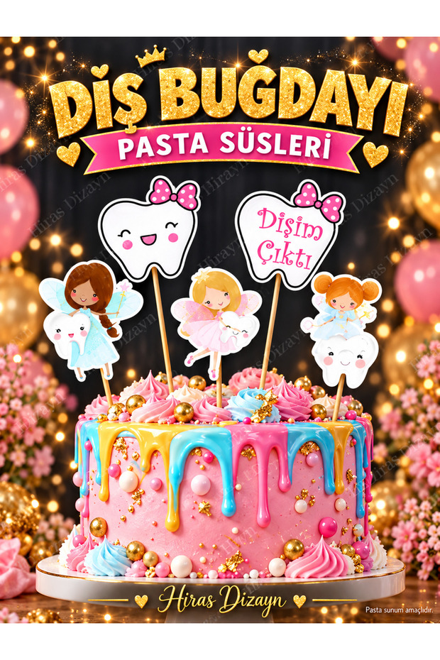 5 Piece Pink My First Tooth Came Out Tooth Wheat Girl Ornament Set Cake Toothpick Large Size