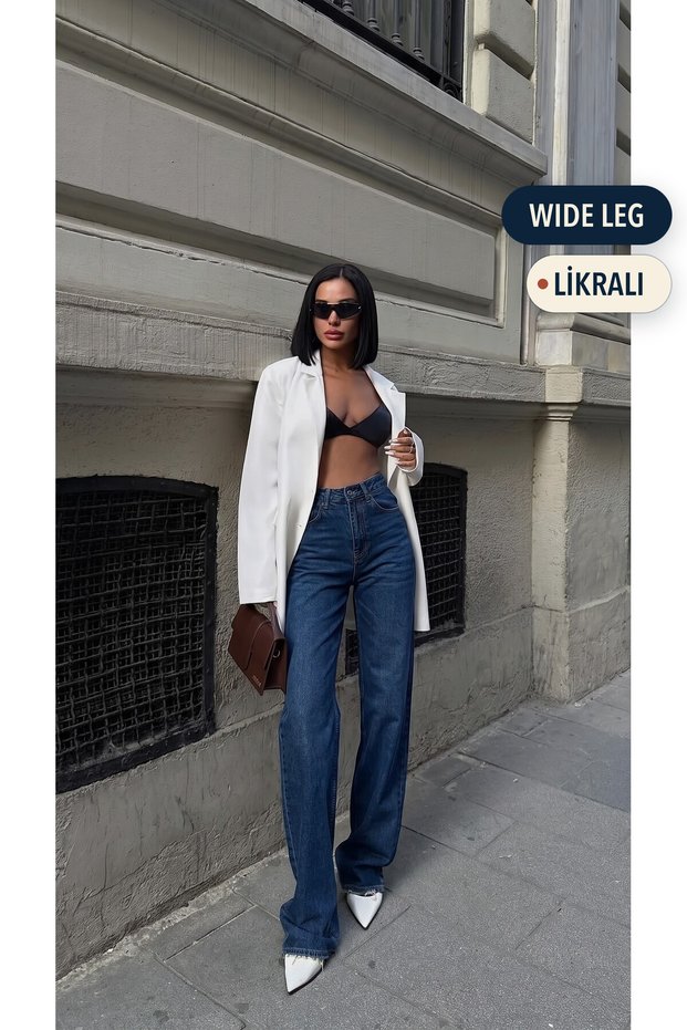 Women's Dark Blue Washed Wide Leg Long Lycra Jean Denim Trousers Jessi̇ca-Kymavi̇