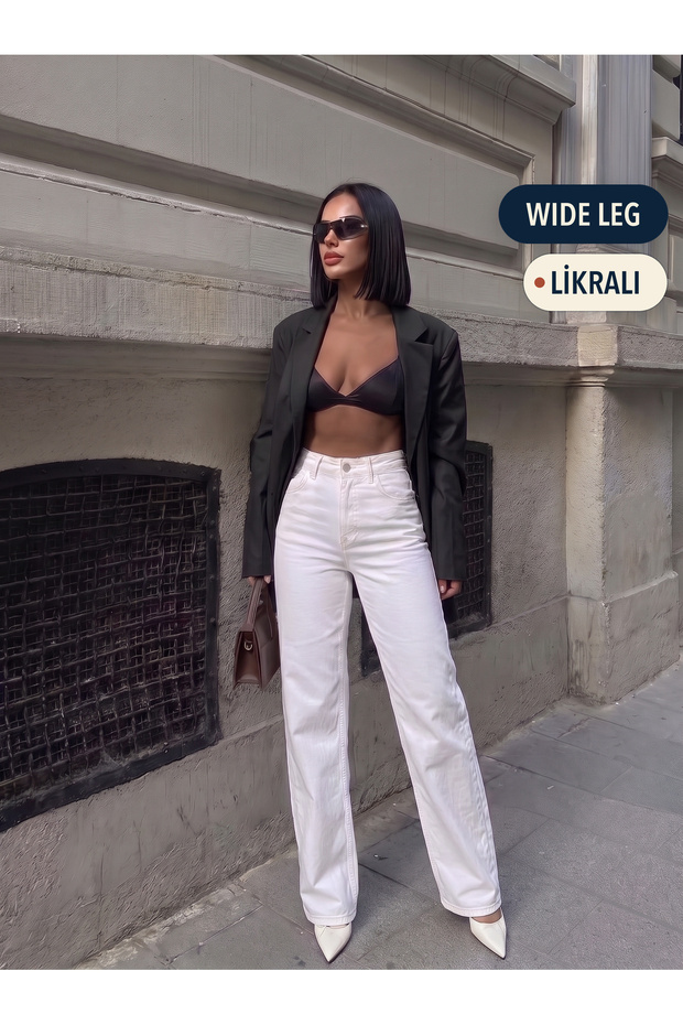 Women's White Washed Wide Leg High Waist Lycra Jean Denim Trousers Jessi̇ca-2040