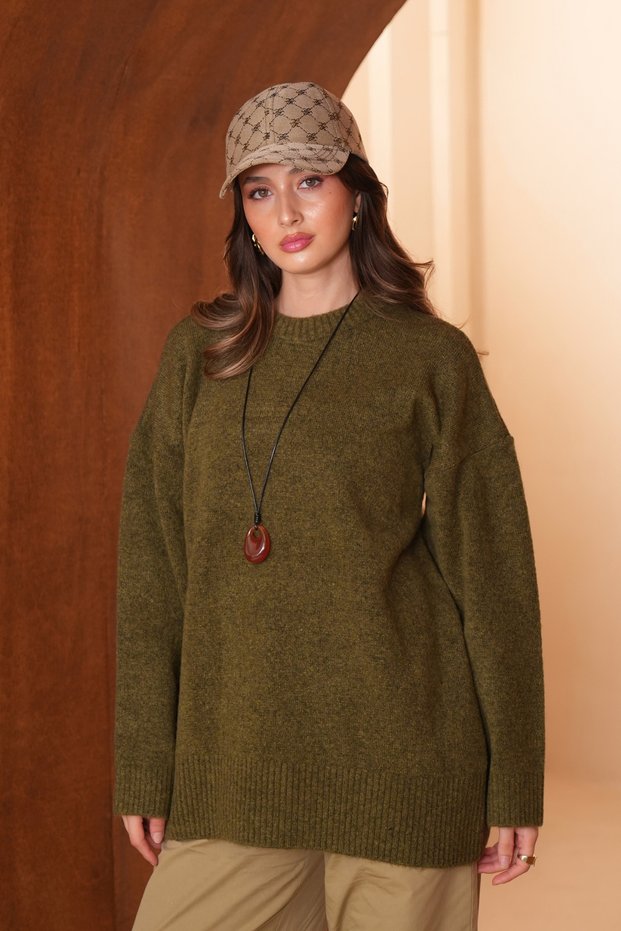Women's Crew Neck Loose Cut Basic Jazz Yarn Knitwear Tunic 8619 Khaki