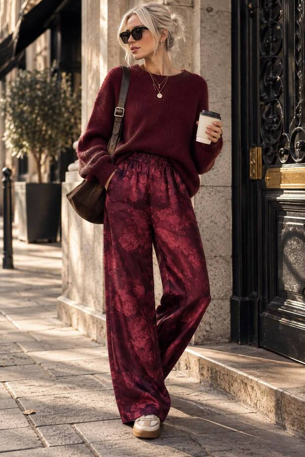 Satin Fabric Shalwar Trousers with Elastic Cuffs Premium Quality - Bordo - m