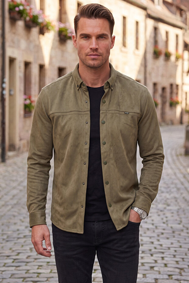 Men's Regular Fit Anti-Pilling Anti-Wrinkle Khaki Suede Shirt – with Lycra Snap Buttons 2500556