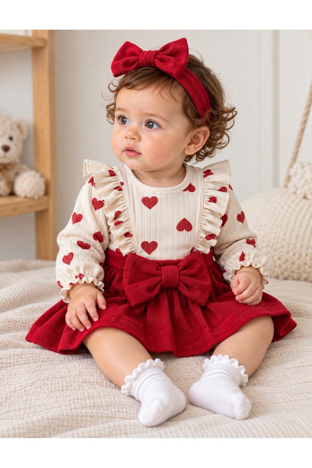 Heart Patterned Baby Girl Bodysuit, Bandana and Skirt Set