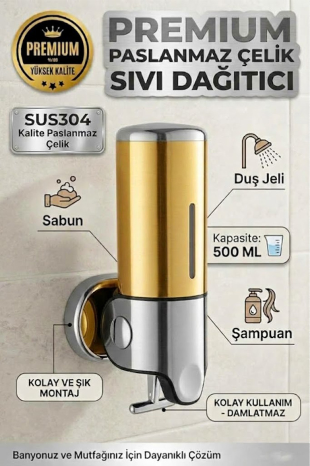 Stainless Steel 500 ml Soap, Shower Gel, Shampoo Dispenser Suitable for Use Ss304 Quality Golden Gold