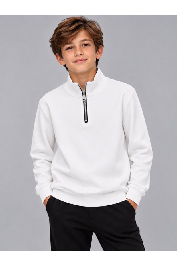 Half-Zippered White Regular Fit Comfortable Fit Standing Collar Sweatshirt (100% Cotton Lakos Fabric)