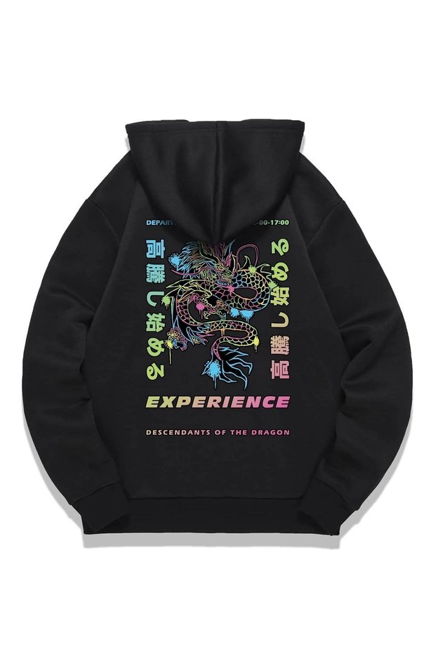 سترة بقلنسوة كبيرة الحجم بثلاثة خيوط وطباعة Black Experience Dragon