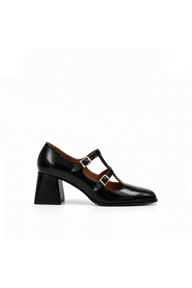 Black Crinkled Patent Leather Genuine Leather Buckle Women's Shoes