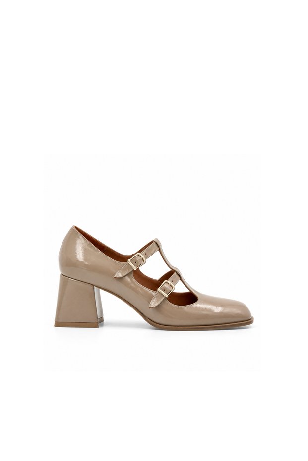 Beige Wrinkled Patent Leather Double Buckle Low Heeled Women's Shoes