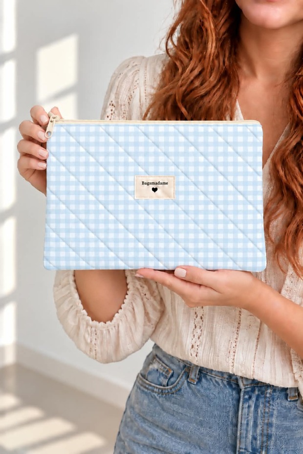 Light Blue Gingham Patterned Single Compartment Zippered Clutch Portfolio Handbag 28X20 cm