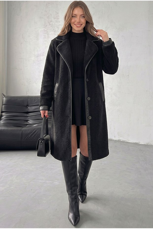 Women's Lined Pocketed Plush Winter Coat with Leather Details