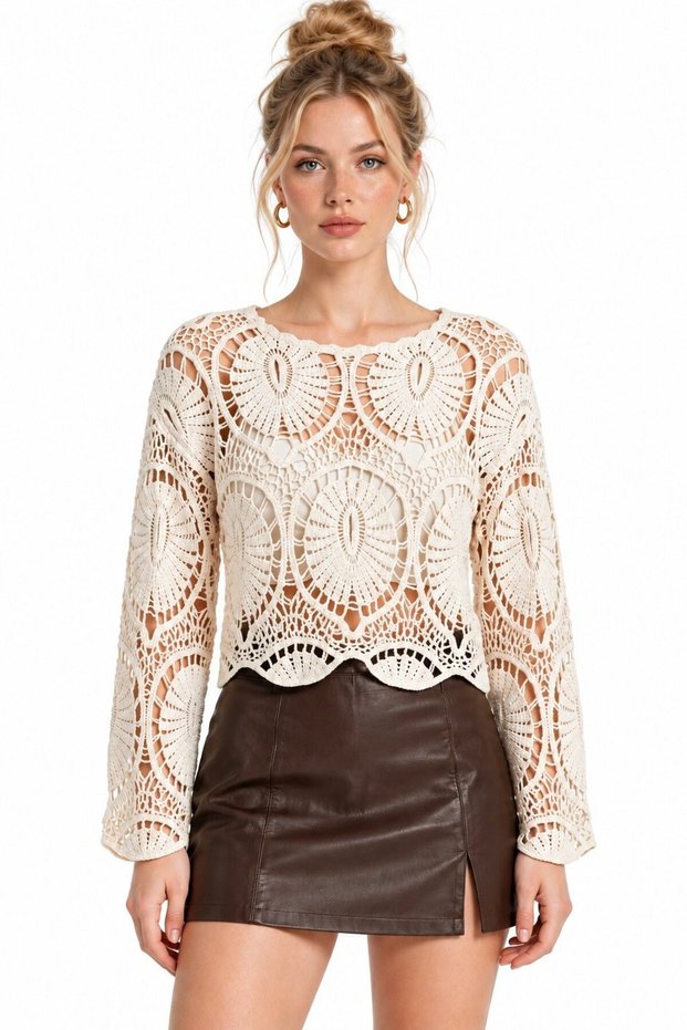Stone Women's Crew Neck Lace Knit Seasonal Perforated Knitwear Blouse