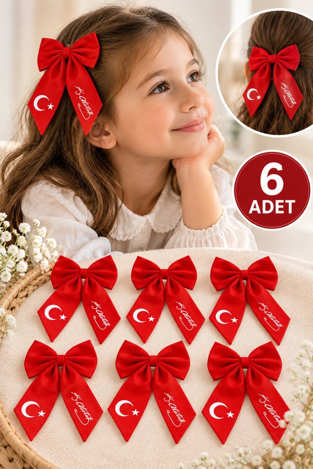 6 Pieces of Turkish Flag and Atatürk Signature Motif Bowknot Buckle - Red