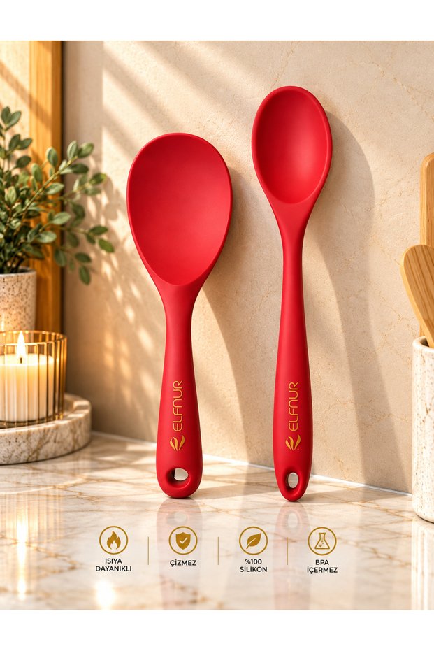 Hard Tip Heat Resistant Fireproof Non-Stick Silicone Long Spoon 28 Cm Short Spoon 22 Cm / 2 Pcs