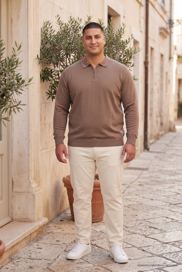 Men's Plus Size Basic Brown Zippered Sweatshirt