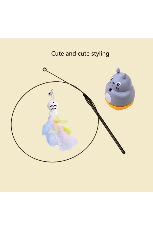 Gray Chinchilla Cat Funny Cat Stick Steel Wire Long Pole Feather Cute Cat Toy Kitten Fishing Rotatin