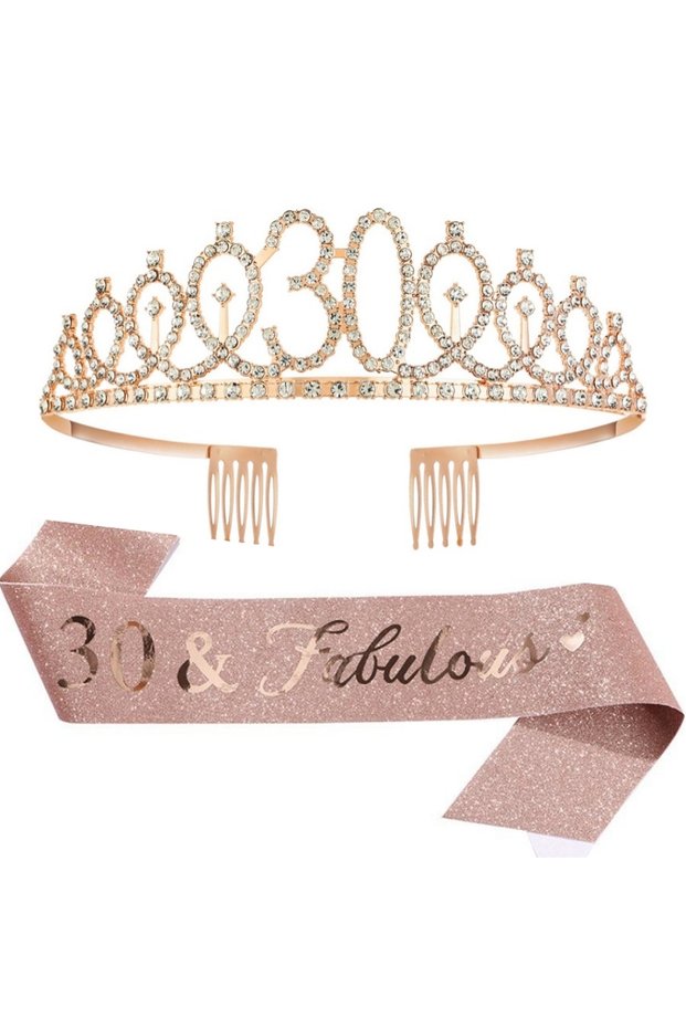 Cs-Rose Gold-30 Birthday Tiara Crown Sash Women Girls 18Th 21St 30Th 40Th 50Th 60Th 70Th Birthday Pa
