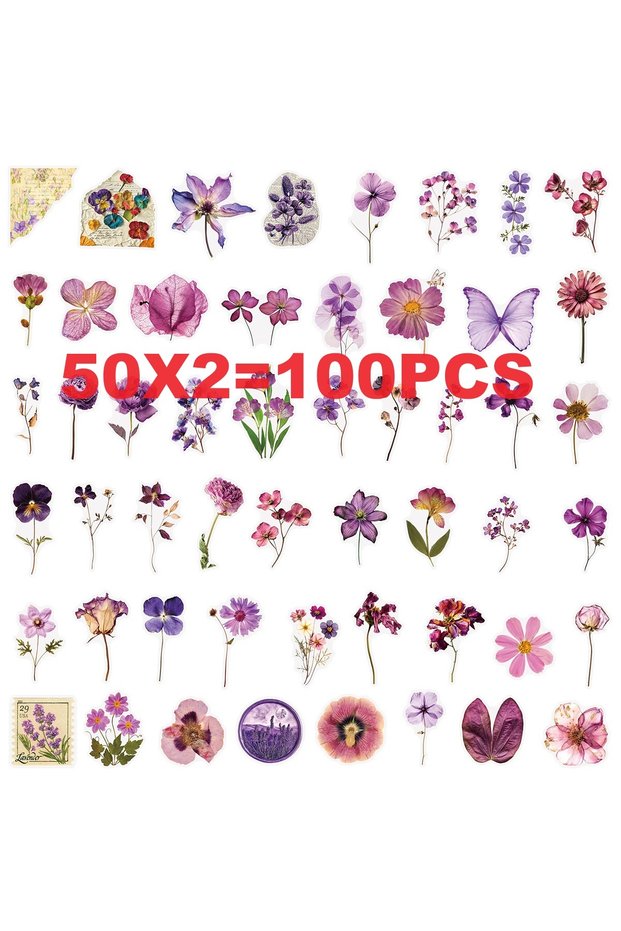 100PCS 50/100PCS Transparent PET Purple Flower Stickers Stationery Notebook Tablet Phone Water Cup D