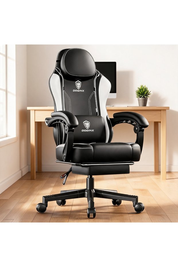 Dowinx Gaming Chair with Footrest & Massage Lumbar – Black & White, 145° Recline, Pocket-Spring Seat, 136 kg Capacity