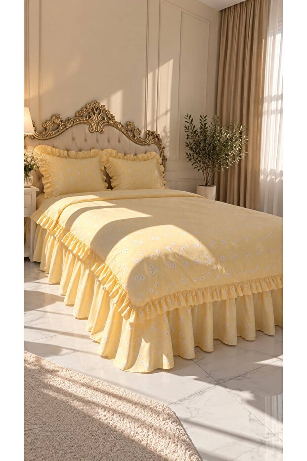 Double Size 160X200Cm Fitted Sheet with Ruffled Skirt,2 Ruffled Pillowcases and Ruffled Duvet Cover