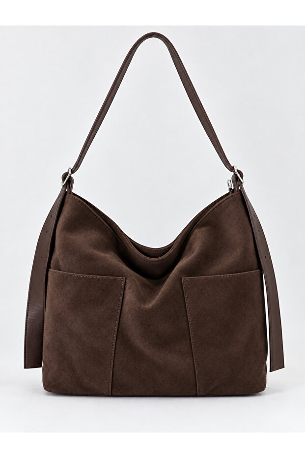 Brown Suede Women's Hobo Shoulder Bag with Double Front Pockets and Adjustable Strap