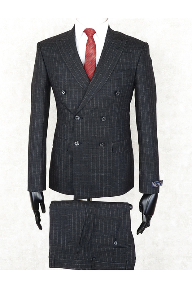 Slim Fit Pointed Collar-Double Slit Black Checked Double Breasted Drop 6 Suit