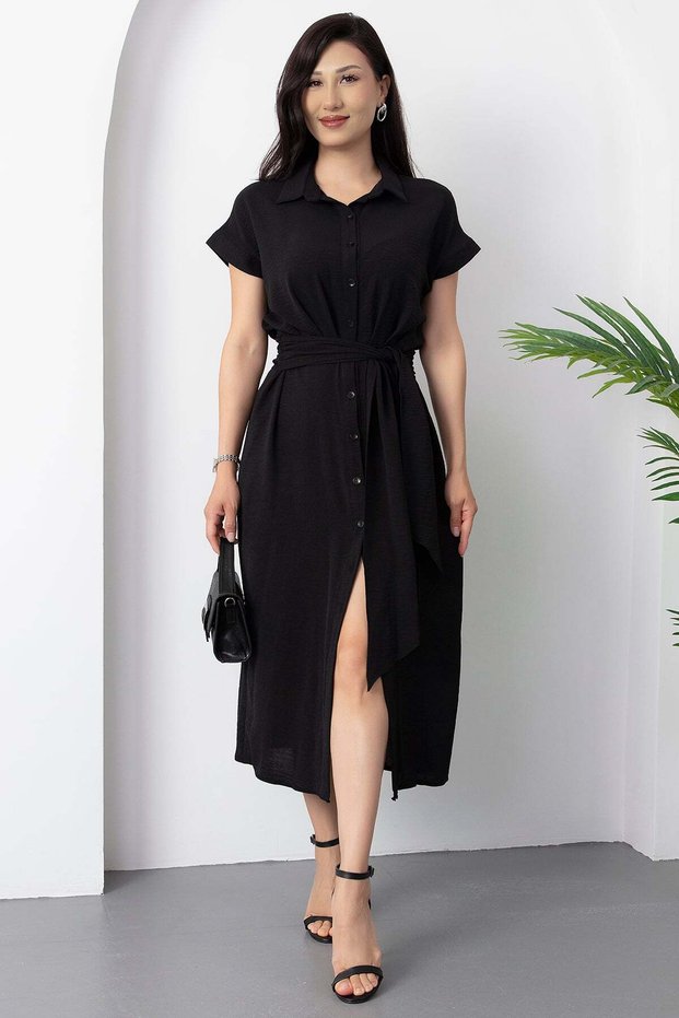 Shirt Collar Button Tie-Up Belt Dress Yzc24Y205