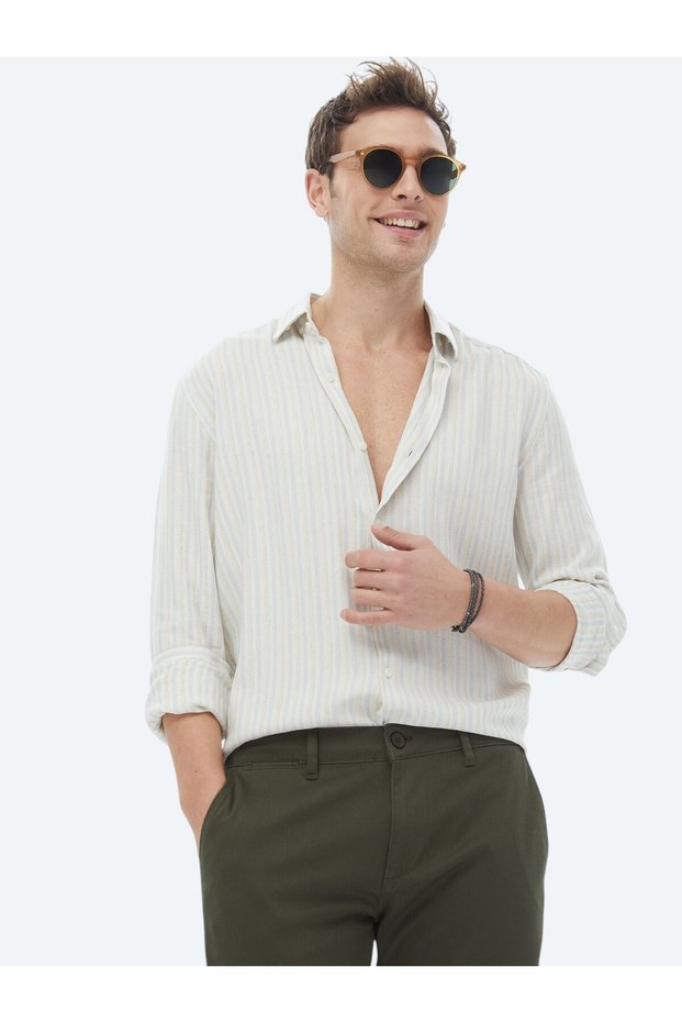 Turquoise Striped Regular Fit Long Woven Casual Cotton Blend Shirt
