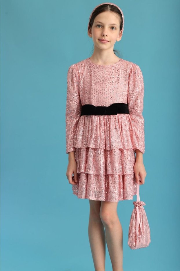 Pink Sequined Layered Long Sleeve Girls' Dress - Liona