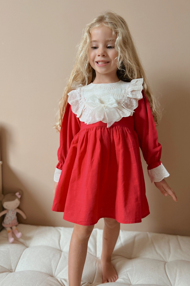 Red Scallop Collar Linen Long Sleeve Girls' Dress - Trinetta