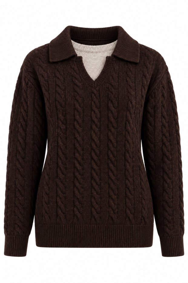 Brown Polo Collar Braided Hair Sweater