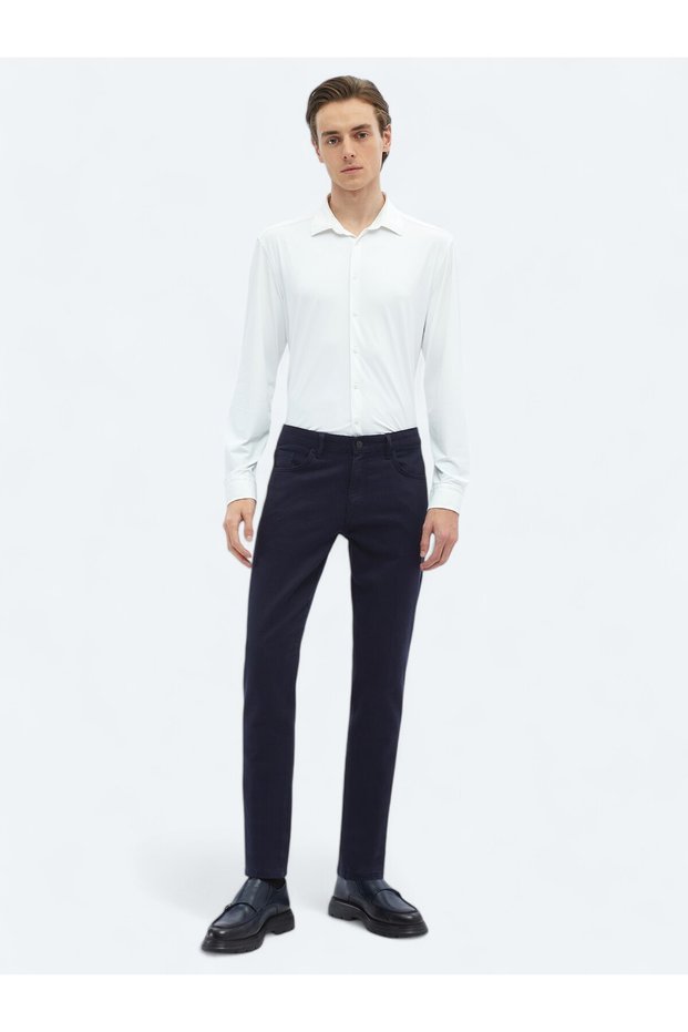 Navy Blue Woven Slim Fit Casual Cotton Blend Trousers