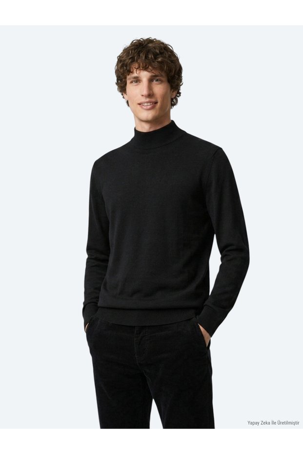 Black Half Turtleneck Plain Knit Wool Blended Sweater Sweater